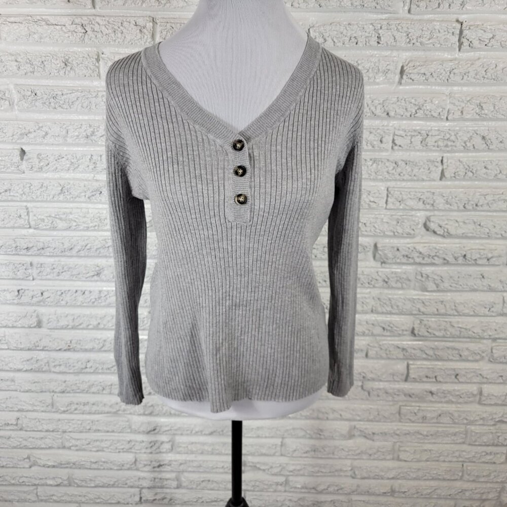 Lety Me Women Sweater Extra Large Quarter Button Gray Ribbed Knit Soft GRA2E